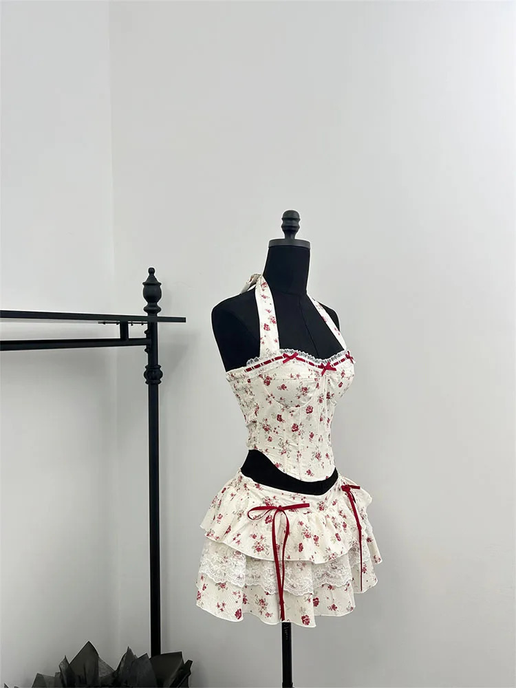 Summer Womens Birthday Fairy Vacation 2000s Ballet Core Rave Set 2-piece Gyaru Coquette Lace CeilingY2k Mini Skiing 250402