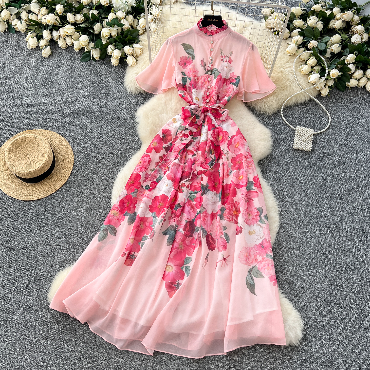 Basic Casual Dresses Summer Ruffles Chiffon Holiday Chiffon Dress Women's Stand Batwing Sleeve Gorgeous Floral Print Lace Up Belt Long Party Vest