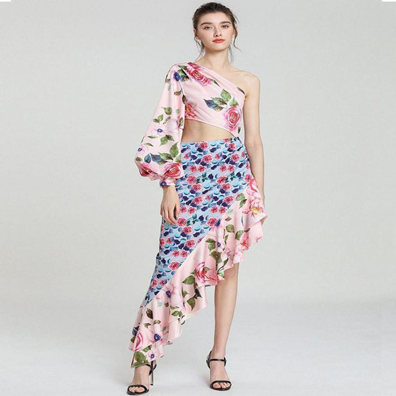 2025 Summer New Womens Long Skirt Asymmetric Strapless Single Sleeve Waist Cinched Floral Patchwork Skirt