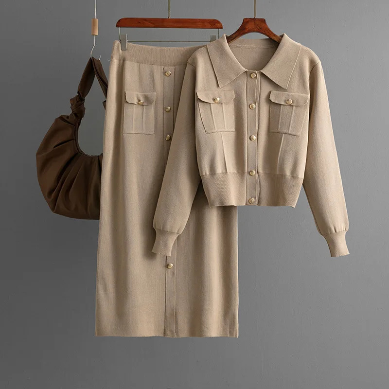 Autumn Winter Polo Collar Fashionable Temperament Set Womens Sweater Cardigan Top Knitted Casual Skirt Twopiece 251105