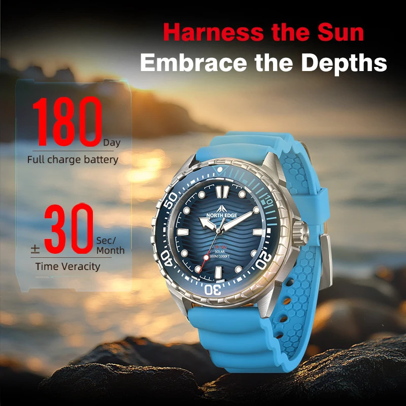 NORTH EDGE TRITON Solar Powered Diving Watch for Man Quartz Wristwatches 316L Stainless Steel Case 300M Waterproof 251106