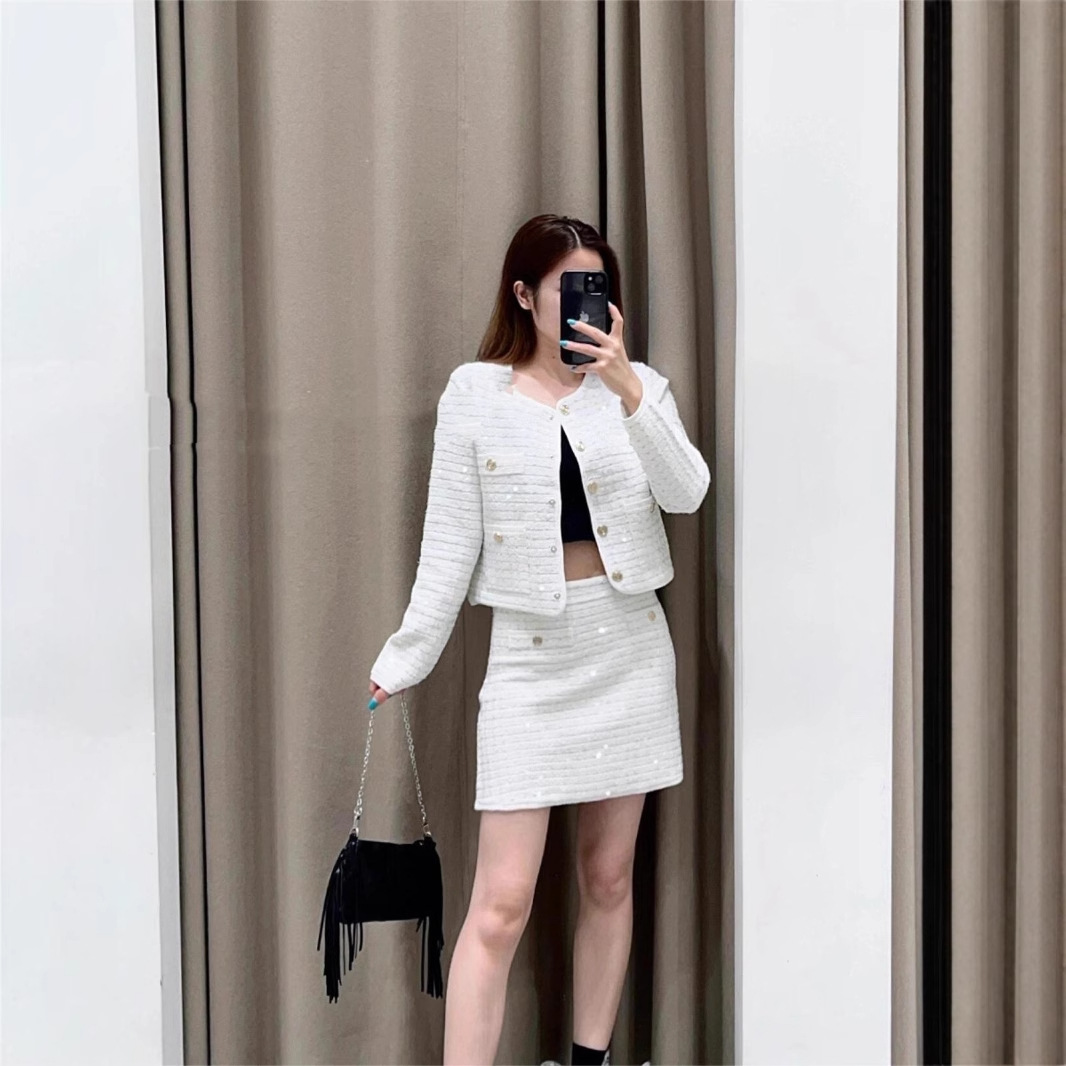 Designer Women's Jackets Sequin Knit Suit Ladies Single-Breasted Long Sleeve Short Jacket Or A-Line Skirt 2025 Autumn