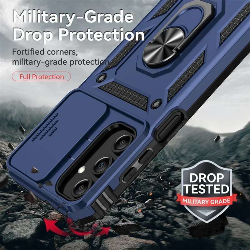 Slide Camera Lens Military Grade Armor Phone Case For Samsung Galaxy A16 A06 A15 A25 A35 A55 5G S24FE Holder Ring Stand Cover