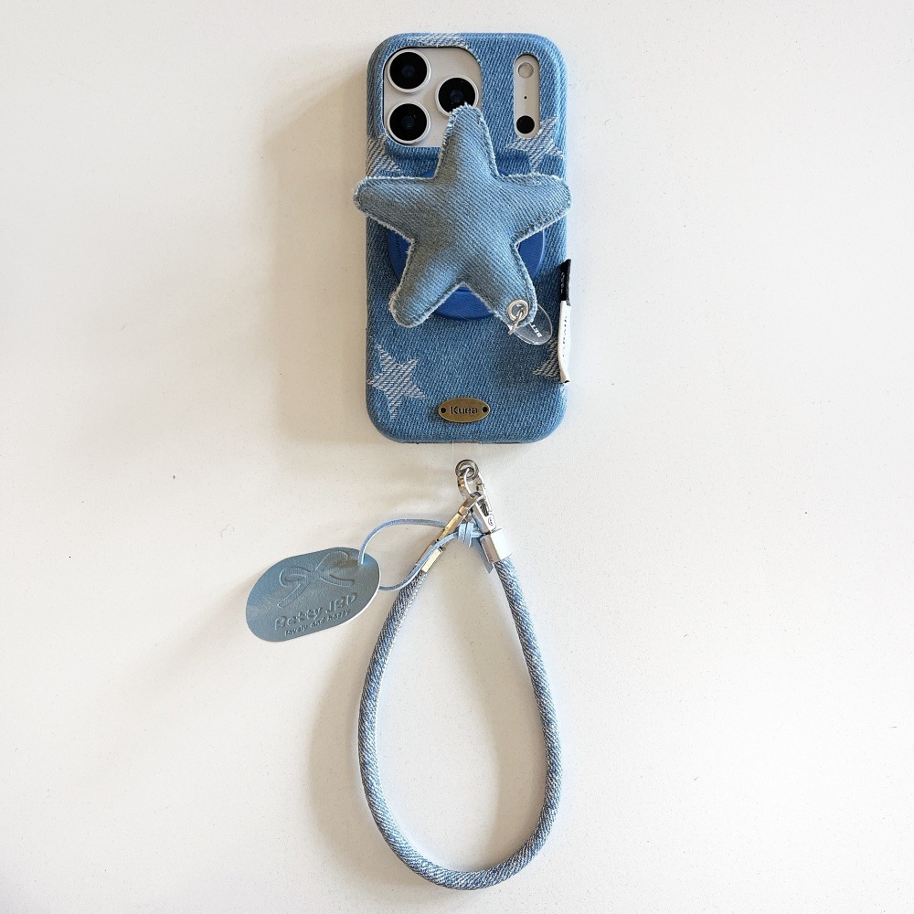 Denim Magnetic Star Stand Phone Case Compatible with iPhone 17/16 Pro Max Solid Color Lanyard Case iPhone 15/14 Pro