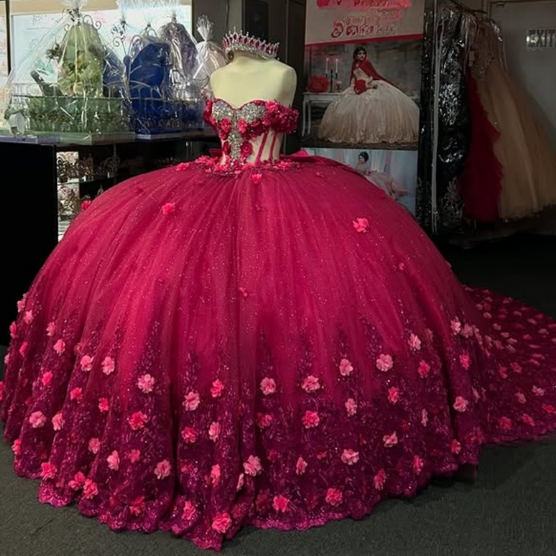 Rose Red Quinceanera Dresses Off Shoulder Ball Gown Sweet 16 Dress Applique Flower Bow Beads Tull Birthday Party Vestidos 15 De Anos