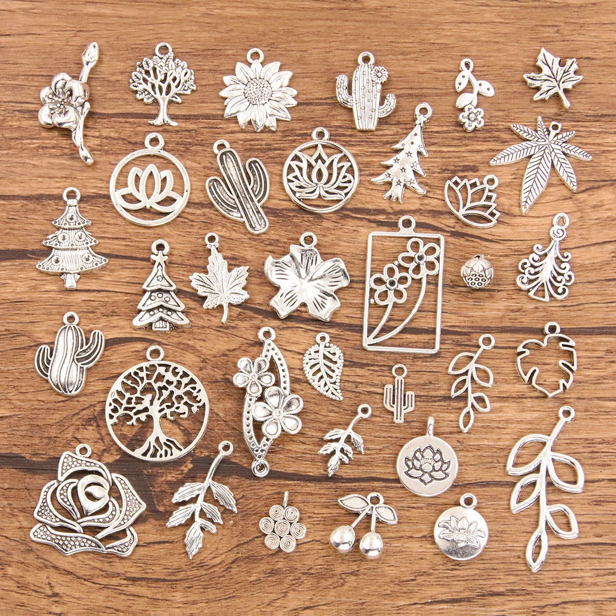 20 pieces of 26 style mixed alloy antique hollow tree flower cactus plant charm jewelry making DIY handmade Christmas pendant 250325