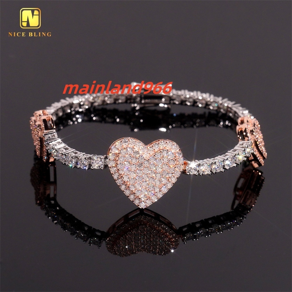 Fine Hip Hop Jewelry GRA Certificate Iced Out Custom 3mm White VVS Moissanite Heart Tennis Chain 925 Silver Link Chain Bracelet