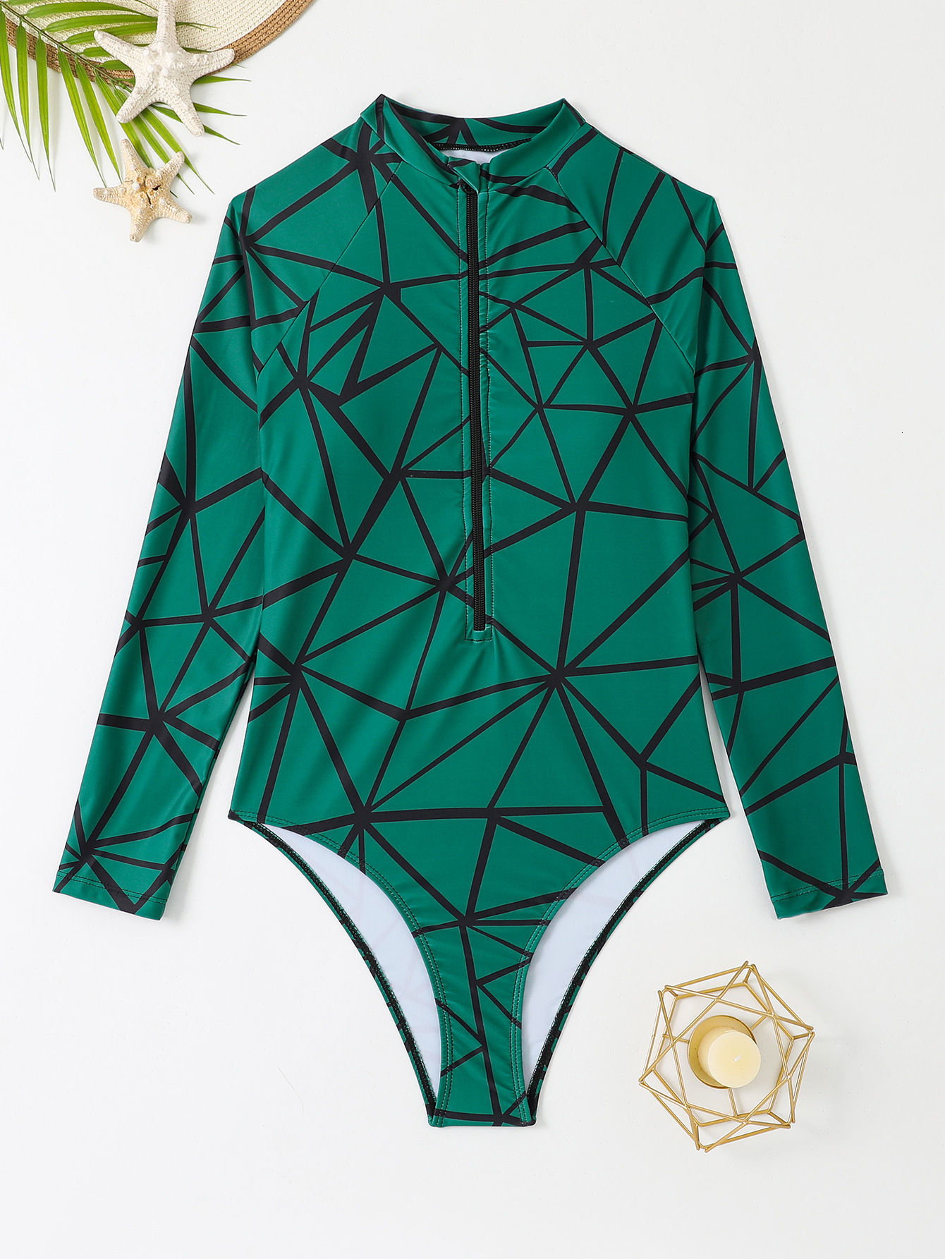 Training competitive one-piece tight fitting triangle long sleeved multi-color zipper printed surfing swimsuit for women