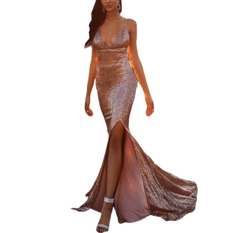 2025 New Womens Dress with Sexy Sequins Fish Tail Slit Hip Hugging Suspender Dress