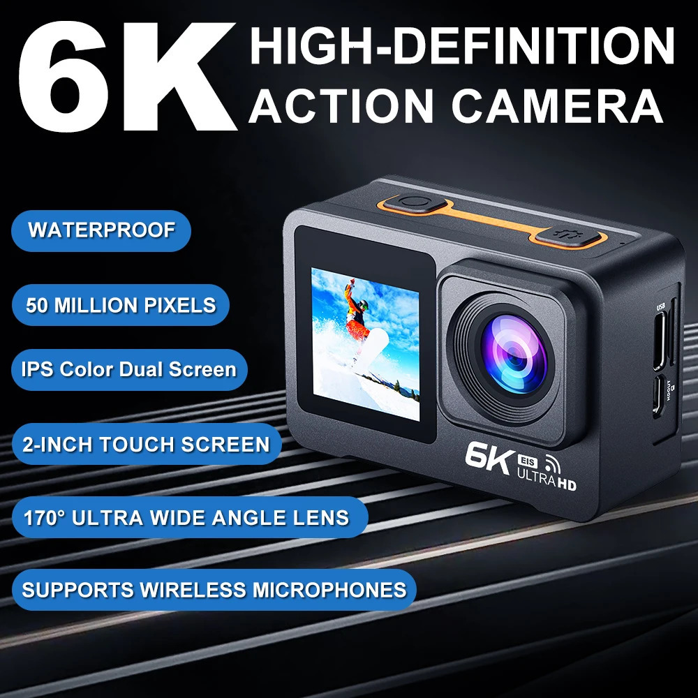 6K 4K60FPS Action Camera 50MP 2.0 Touch LCD Dual Screen EIS WiFi 170° DVR 30M Waterproof 5X Zoom Sport Camera With Remote 250402