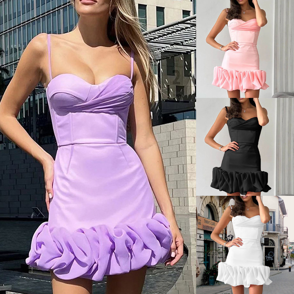25 Womens Summer New Sexy Pleated Skirt Suspender Dress Slim Fit Temperament Dress Short Skirt