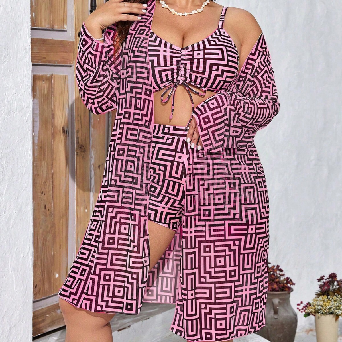 Fashion vacation new long sleeved mesh cover shirt, split bikini three piece set, swimsuit, women's multi-color swimsuit