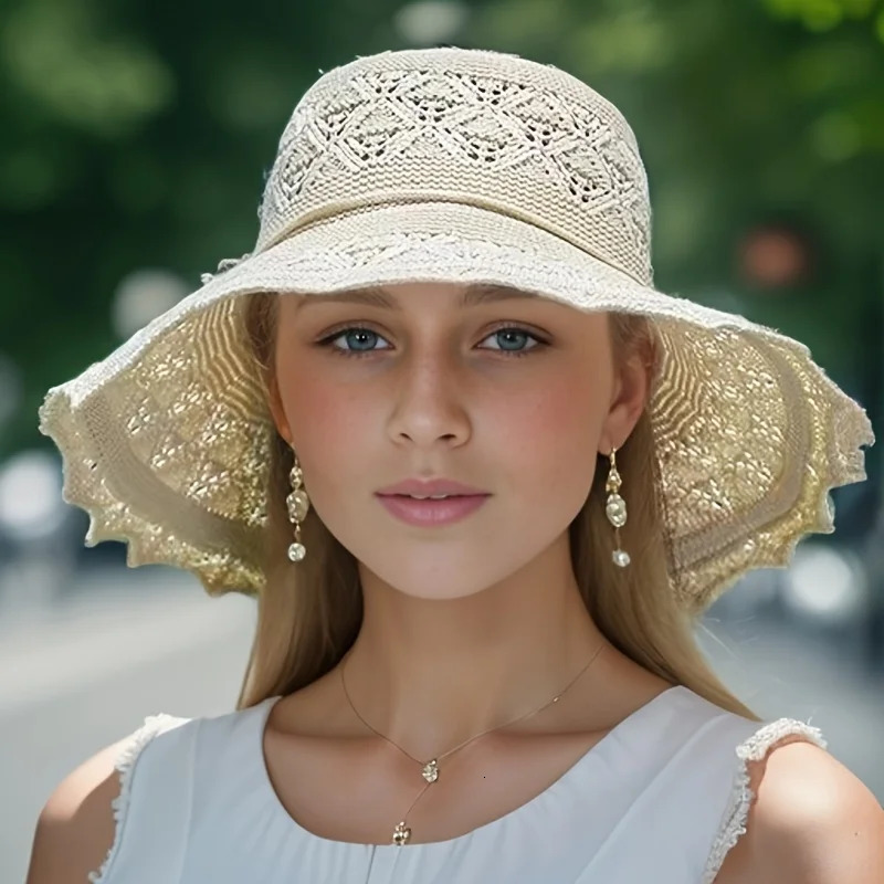 Washable breathable folding hat for women fashionable hollow sun large conical beach 250326