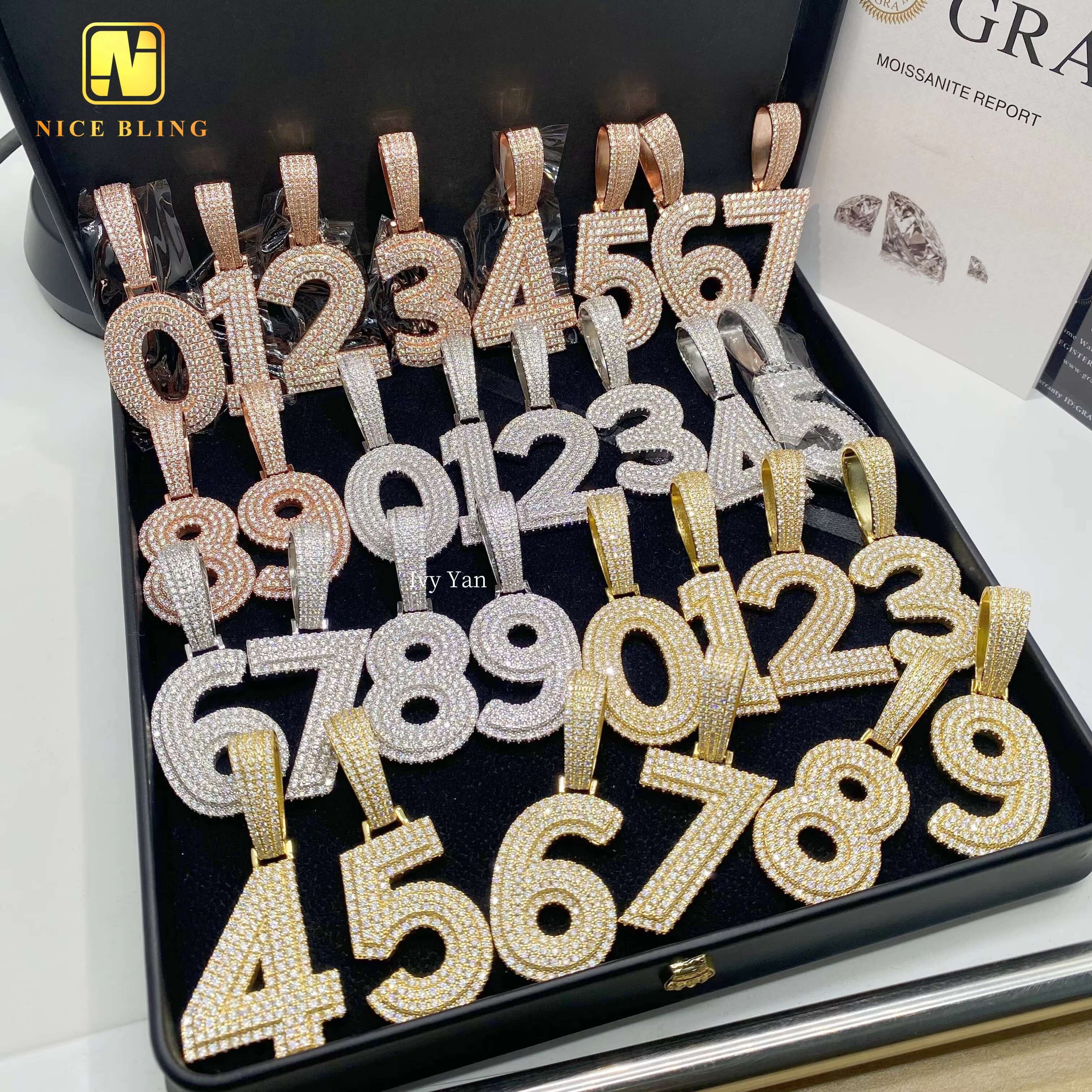RTS Custom Iced Out Fine Jewelry Number Pendants Hip Hop VVS Moissanite Charms 925 Silver Round Brilliant Diamond Lucky Pendant