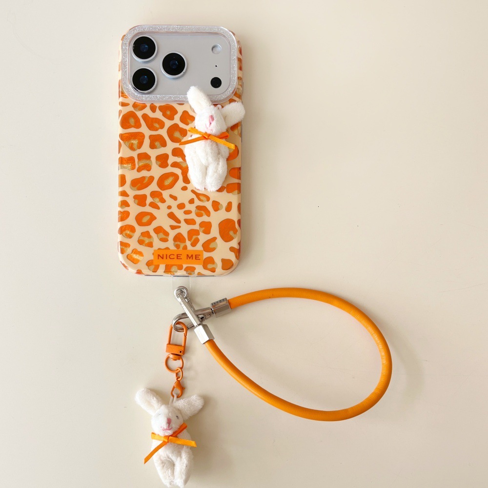 Orange Leopard Print Plush Bear Phone Case Compatible with iPhone 17/16 Pro Max Personalized Lanyard Case iPhone 15/14 Pro