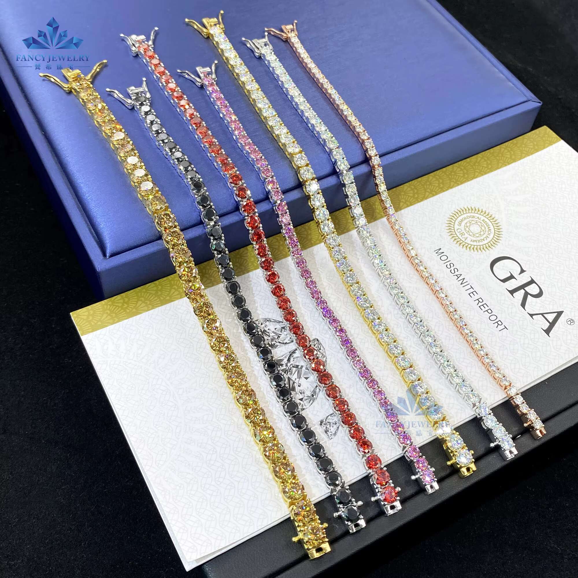 High Customized Fine Moissanite Jewelry 6.5mm Colorful Moissanite Red Blue Green Pink Black Purple Yellow Color Tennis Bracelet