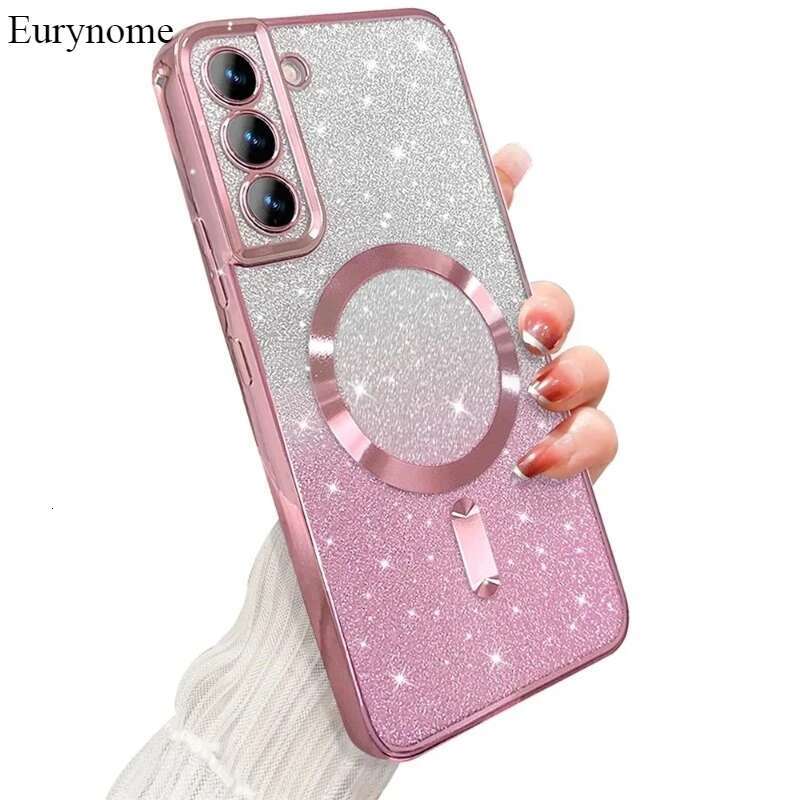 Glitter Magnetic Case For Samsung Galaxy S24 Ultra S23 S22 S21 Plus S20 FE Note 20 A55 A35 Plating Wireless MagSafe Bright Cover