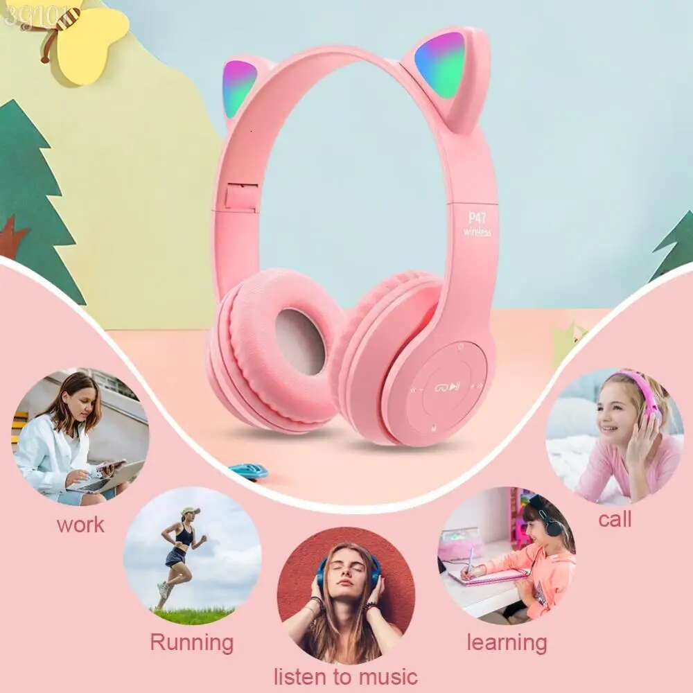 Gradient Cartoon Flash Light Kids Children Headphone Voice Control Bluetooth-Compatible Pink Little Girl Earphone Gift