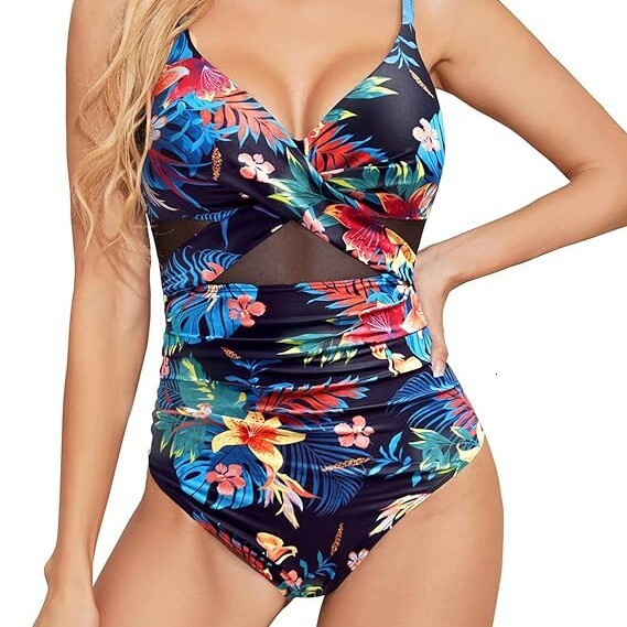 New swimsuit cross style sexy backless solid color mesh splicing one-piece bikini women