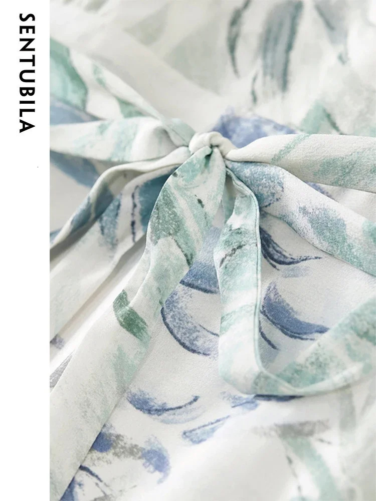 SENTUBILA Womens 100% Mulberry Silk Printed Dress Summer Elegant V-neck Lantern Sleeve Beach Midi Dress 132L50179 250401