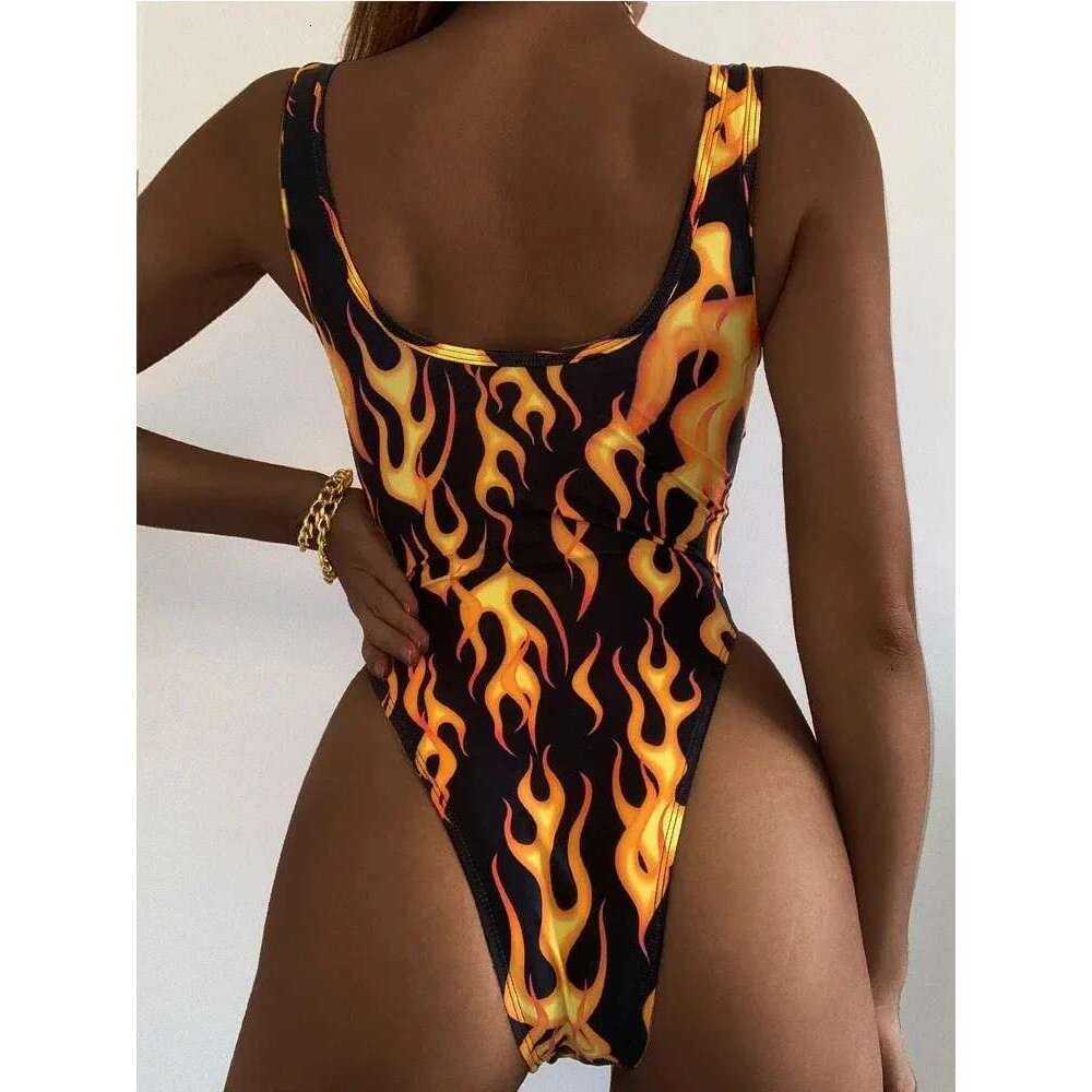 Flame-print One-piece Swimsuit 2025 Women Sexy U-neck Slim Beach Bikini Suspender Backless Monokini Summer Swimwear Bodysuit