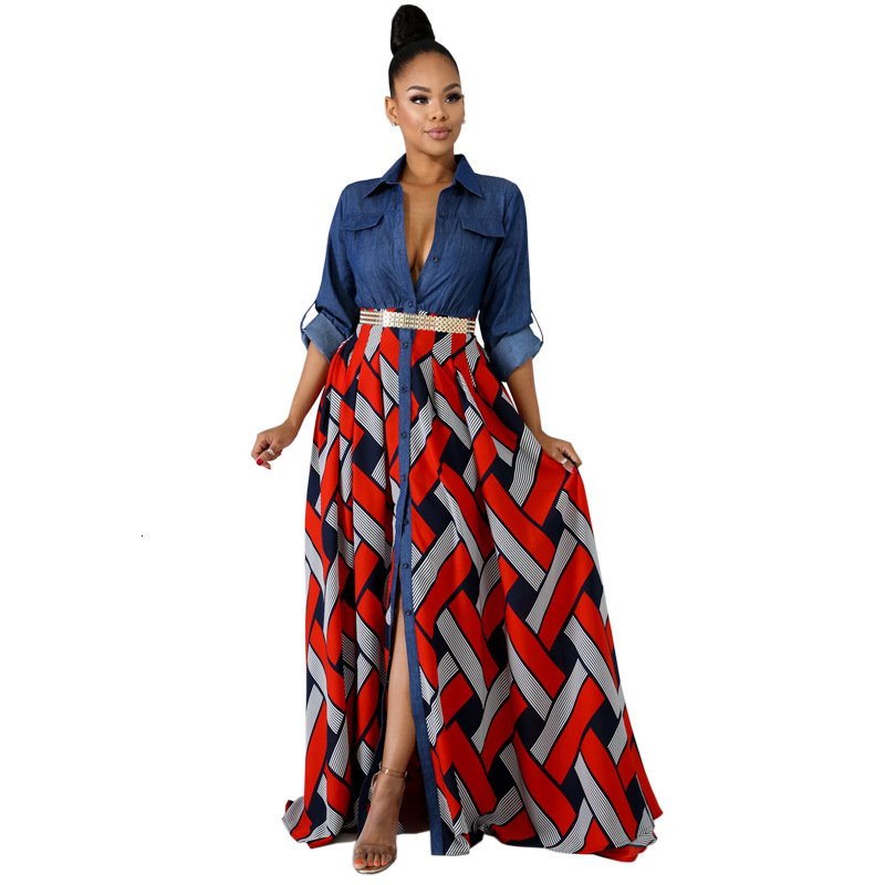 2025 New Womens Dress Denim Woven Striped Printed Large Swing Long Skirt