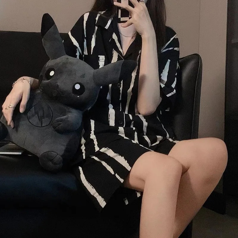 Pajamas Women Summer Cartoon Cute Bear Short Sleeve Nightwear Loungewear Set Ladies Cardigan Striped Plaid Short Sleepwear 250402