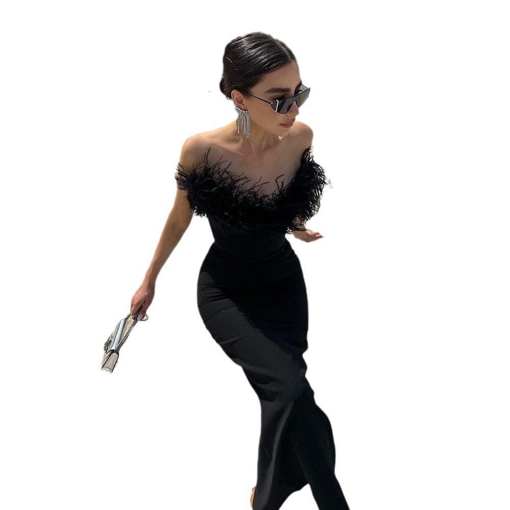 2025 New Strapless Dress with Feathers Fashionable and Elegant Tight Fitting Hip Hugging Sleeveless Party and Banquet Dress