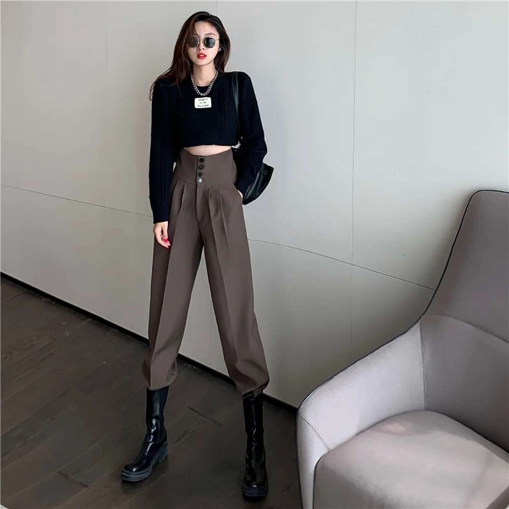 Spring Autumn Women Long Casual Harem Pants Korean Style Fashion High Waist Buttons Khaki Black Cargo Trousers