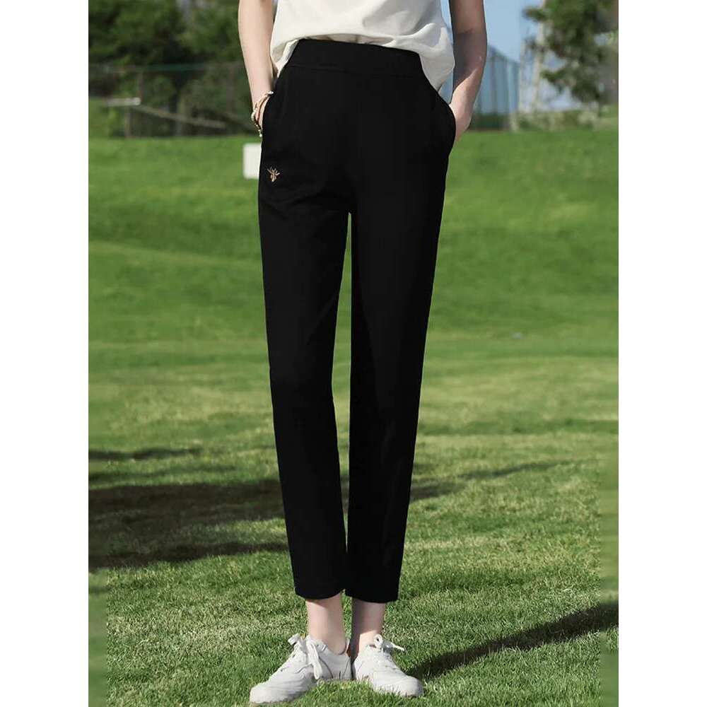 Black Embroidered Casual Summer 2025 Elastic Harun Pants High Waist Ankle-Length Trousers