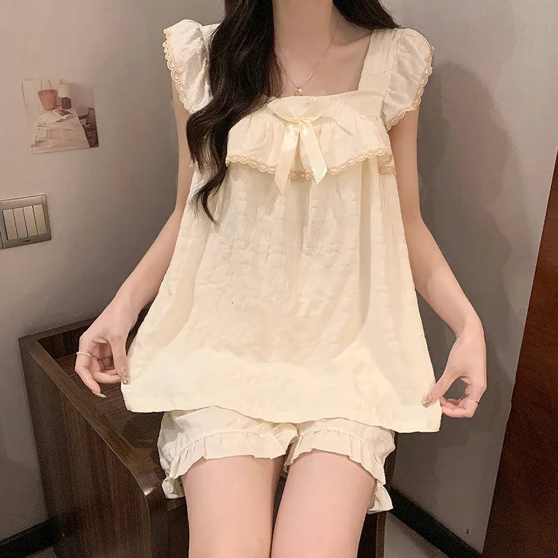 Pajamas Women Summer with Corset Woven Cotton French Suspenders Shorts Summer Comfortable Sweet Princess Style Loungewear 250402