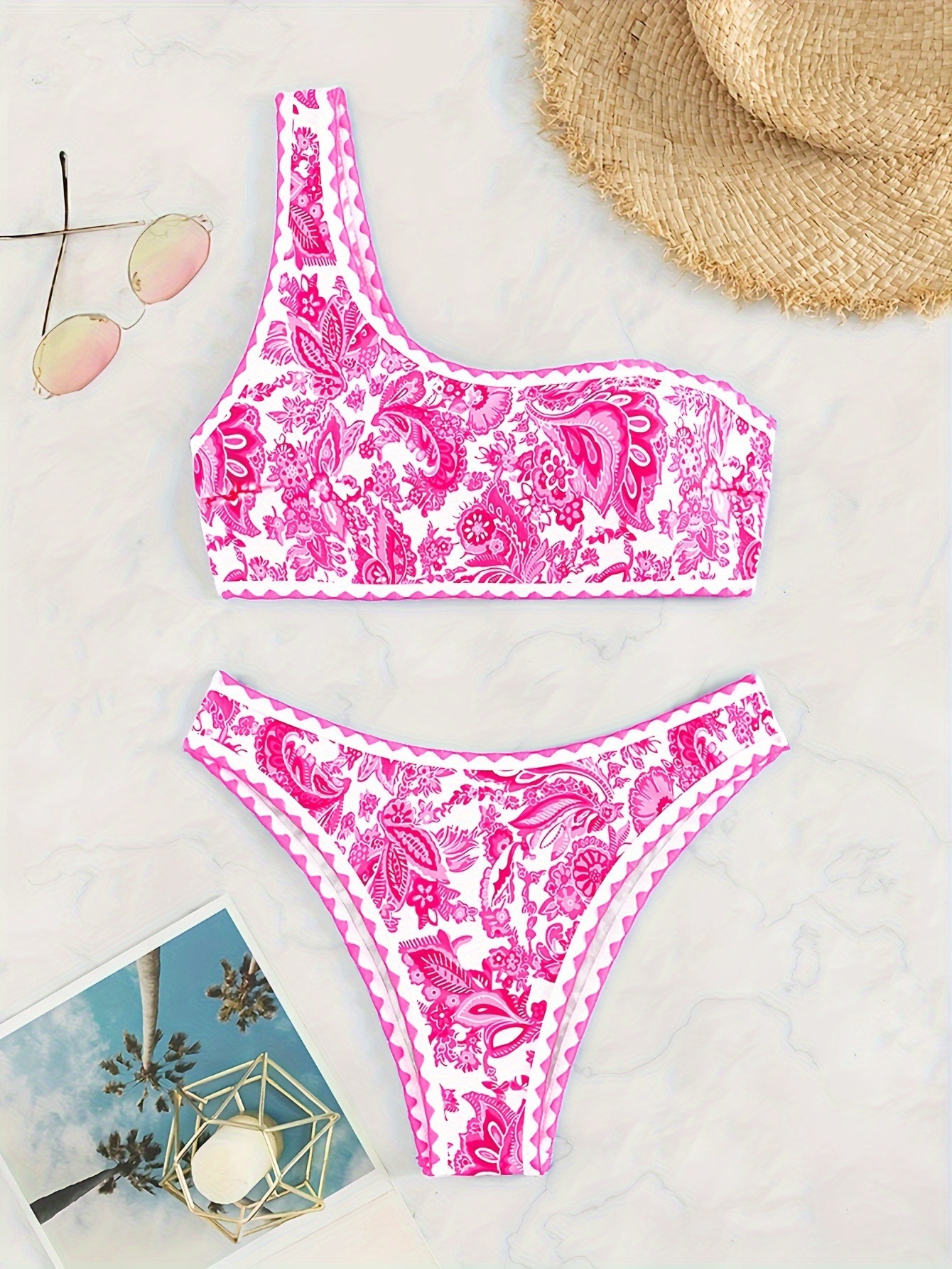 2025 new sexy diagonal shoulder strap split women's blue and white porcelain printed bikini swimsuit