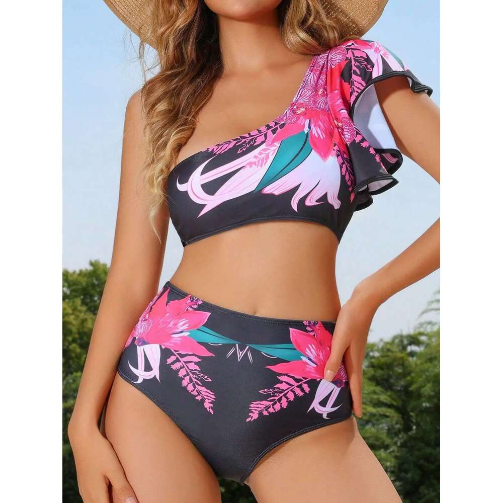 2025 New Women's 2 Piece Swimsuit Sexy wer Print Ruffle Single Shoulder Backless High Waist Bikini Beach Vacation Swimwear