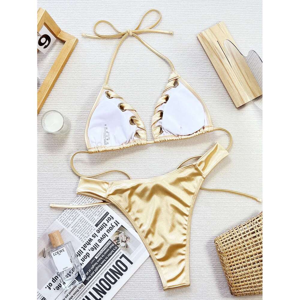 Solid Color Perforated Bikini Set Women Sexy Golden 2 Piece High Waist Swimsuit V-neck Suspender Halter Backless Swimwear 2024