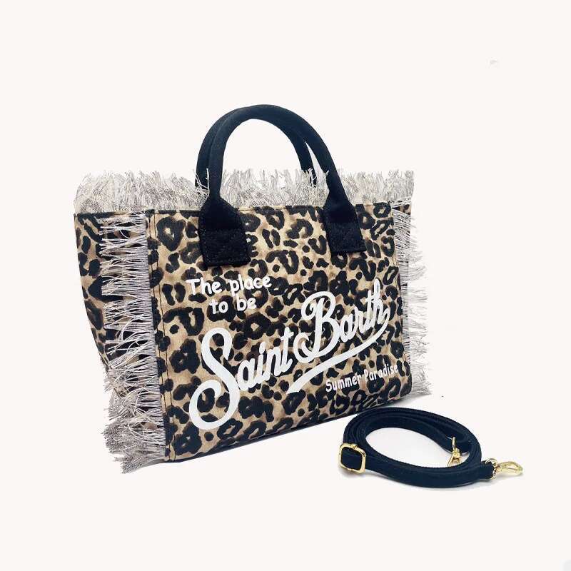 SAINT BARTH 2025 New I Women's Large Capacity Leisure Travel Leopard Pattern Small Canvas Handmade Tassel Handbag Tote Bag