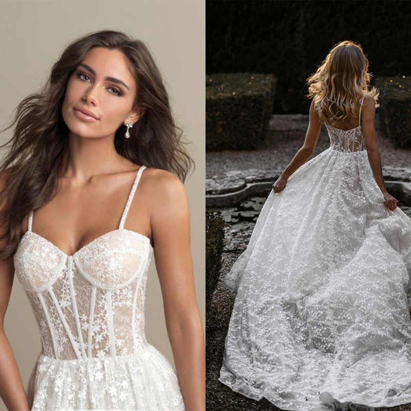 Chic Elegant A-Line Bridal Wedding Dresses With Spaghetti Strap Sleeveless Appliques Sequins Wedding Dresses Plus Size For Special Occasion Vestido de