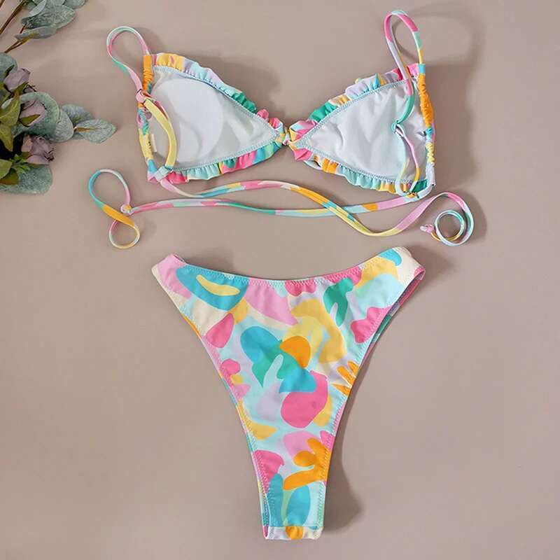 Sexy Ruffle 2-piece Swimsuit for Women,color Printing,mini Bikini,wrinkle,low Waist,V-neck,suspender,backless,lace-up,swimwear
