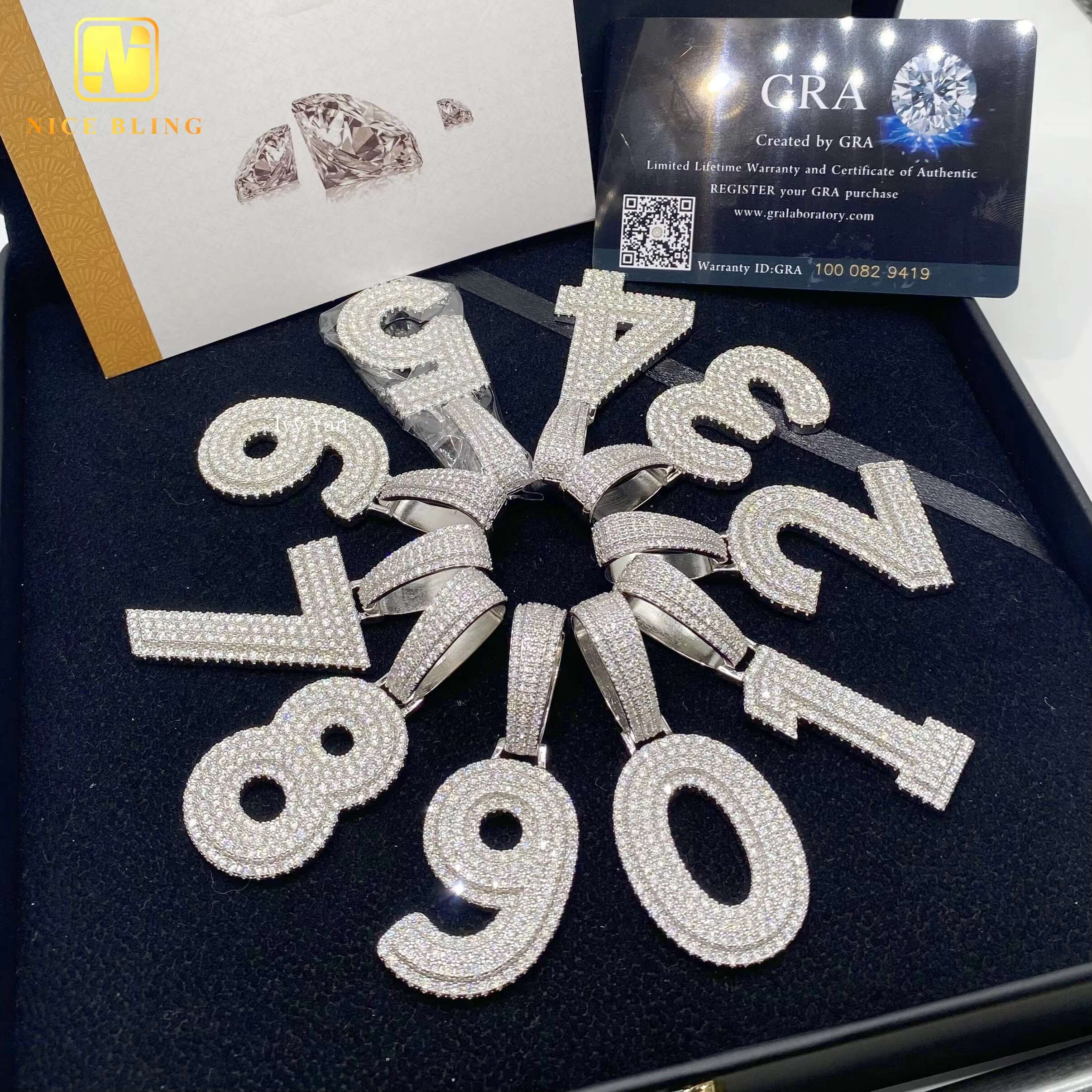 RTS Custom Iced Out Fine Jewelry Number Pendants Hip Hop VVS Moissanite Charms 925 Silver Round Brilliant Diamond Lucky Pendant
