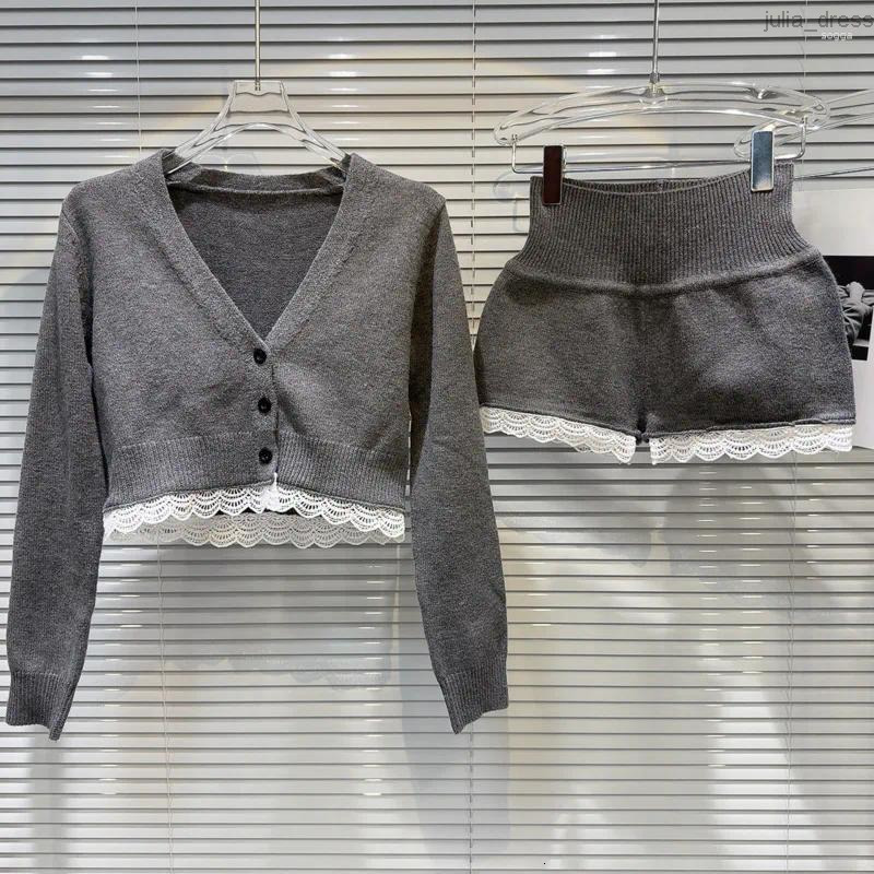 Womens Tracksuits 2024 Autumn Arrival Lace Petals Knitted Cardigans Short Coat High Waist Shorts Two Piece Set Outfits
