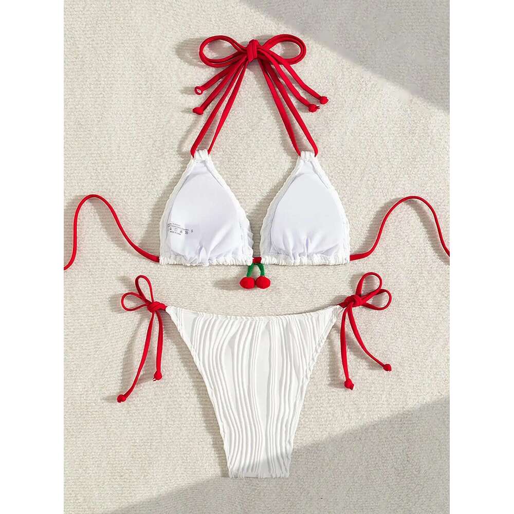 Sexy White Cherry Bikini Set 2025 Women Red Strap Contrast Ribbed Push Up Micro Swimwear Brazilian Beach Bathing Suit Swimsuit