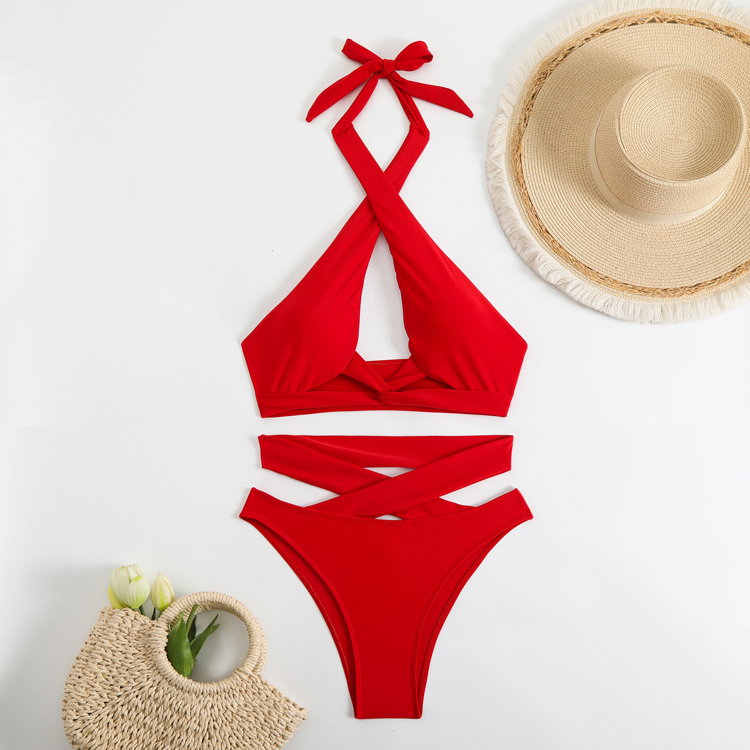 2025 new bikini women's neck hanging cross split two-piece set solid color backless sexy beach swimsuit