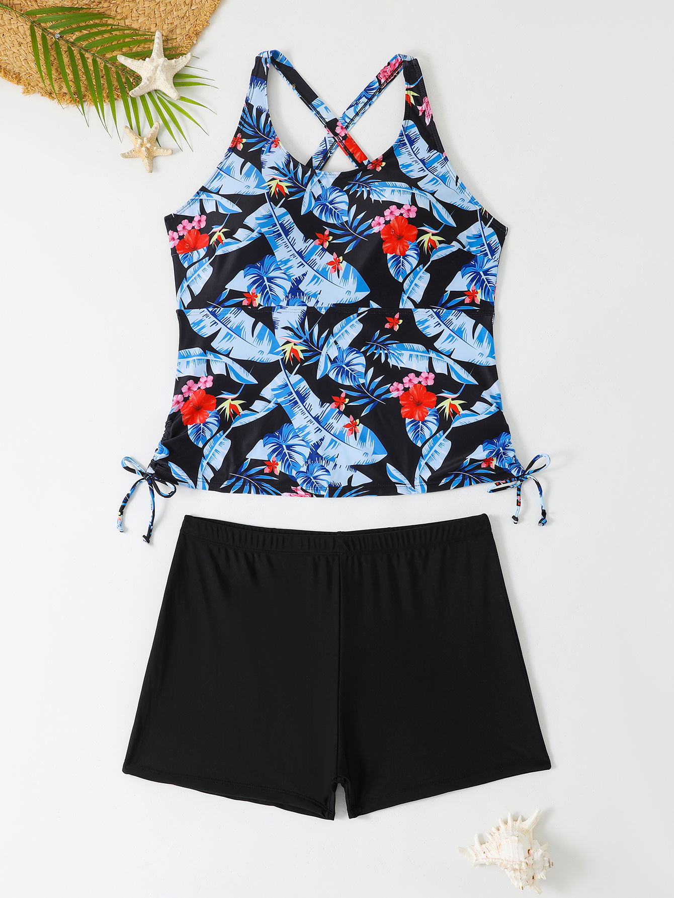 Large digital print with drawstring on both sides, independent shorts set, bikiniga plus fat women's swimsuit