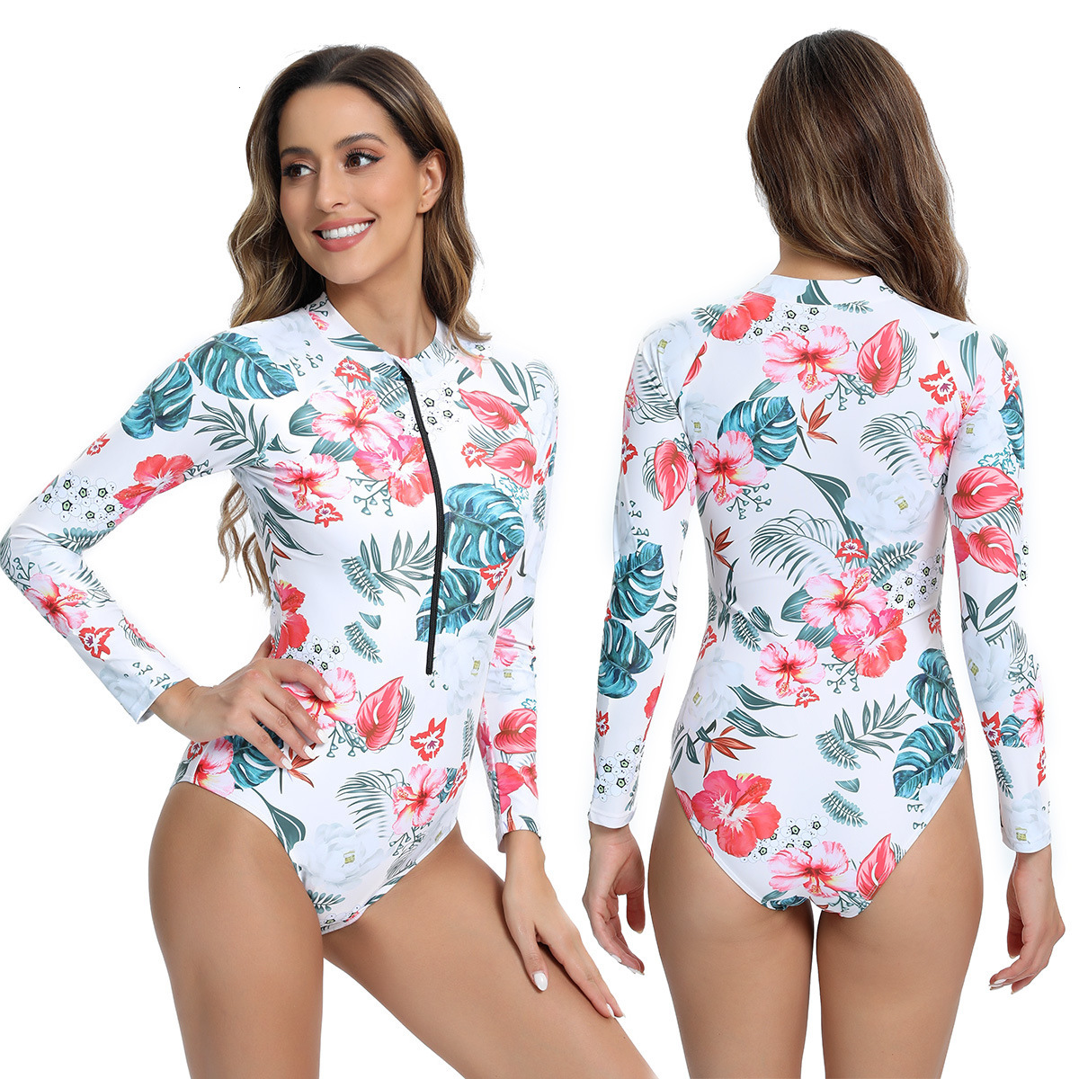 New digital printed jumpsuit triangle pants with tight zipper and long sleeves for racing, basketball training, women's swimsuit