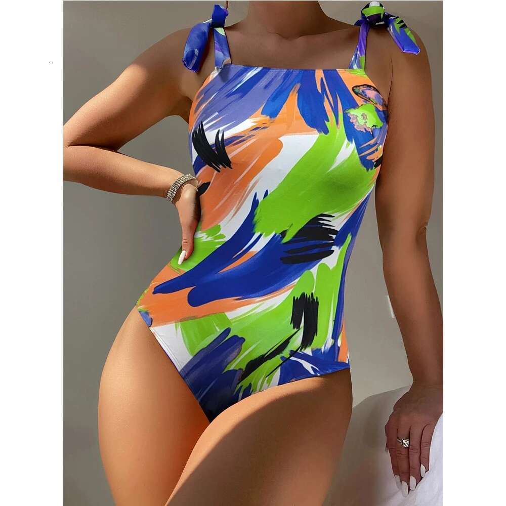 Women Swimwear 2023 Colored Drawing One Piece Swimsuit Sexy Lace Up Bikini Monokini Summer Slim Suspender Bathing Suit JND230002