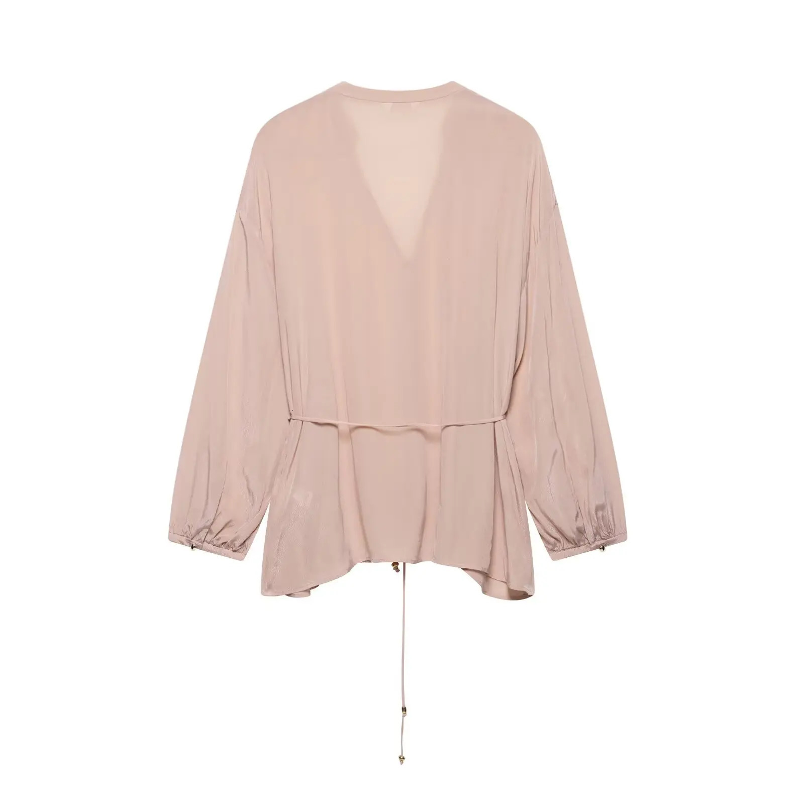 European and American style 2025 spring linen blended thin belt loose casual long-sleeved shirt 250402