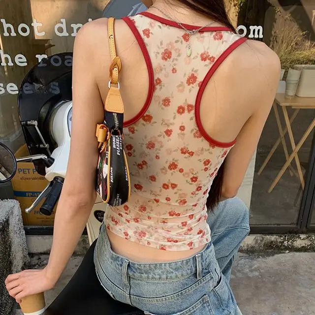 Fashion splicing printing summer sleeveless vest womens heavy industrial mesh punk cotton Y2k tank crop top 250402