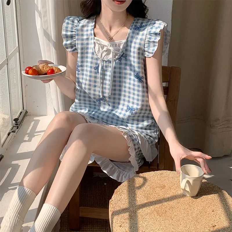 Cute Pajamas Blue Plaid Bow Short Sleeve Nightwear Pullover T-Shirt Shorts Two-Piece Set Japanese and Korean Fashion Sleepwear 250402