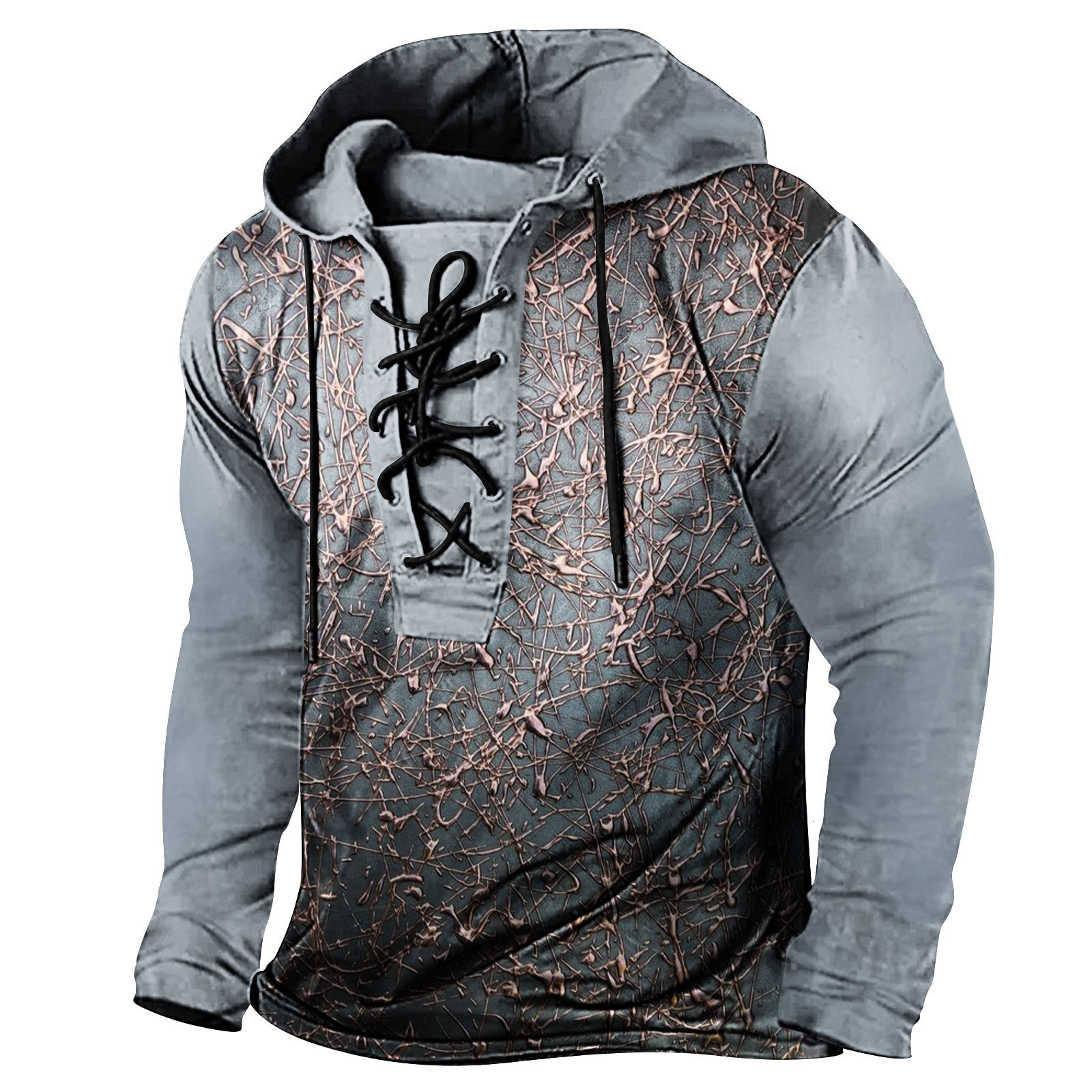 2024 Spring New Mens Digital Printed Strap Up Large Hooded Long Sleeve T-shirt Mens Wear