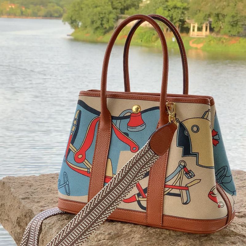 Canvas Splicing Leather Garden Large Capacity Graffiti Painted Tote Handheld Single Shoulder Crossbody Bag Shoulder Bags