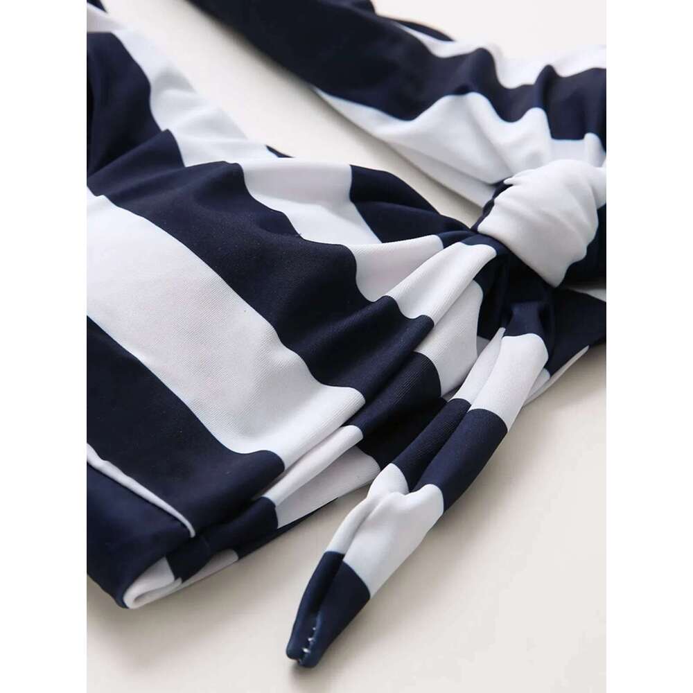Stripe Print Contrast Color Bikini Set for Women Lace-up Knot V-neck 2 Piece Swimsuit Suit Sexy High Waist Beach Swimwear 2024